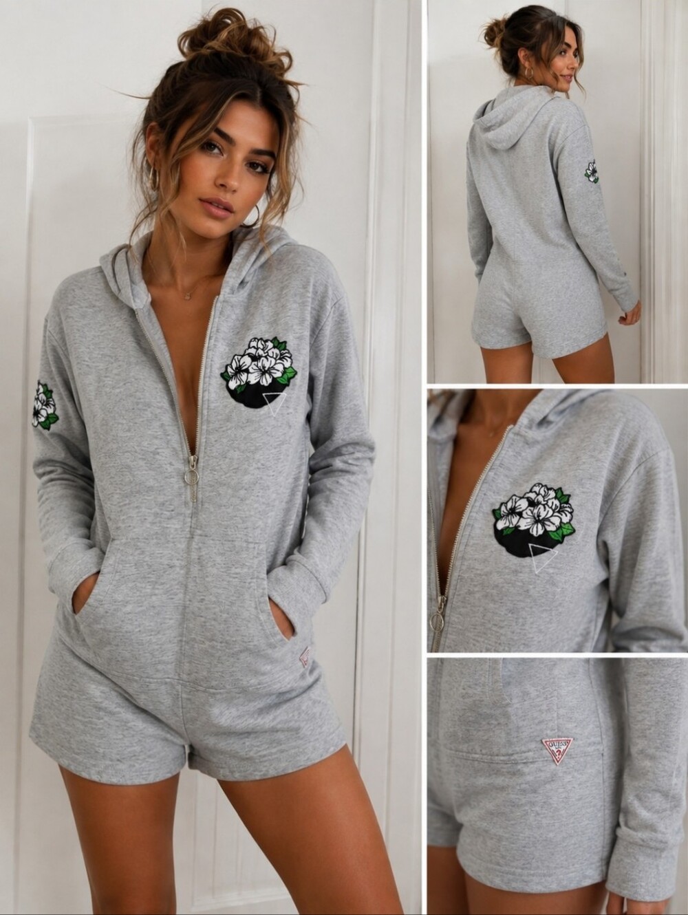 Guess Gray Romper With Hood And Flower Embroidery